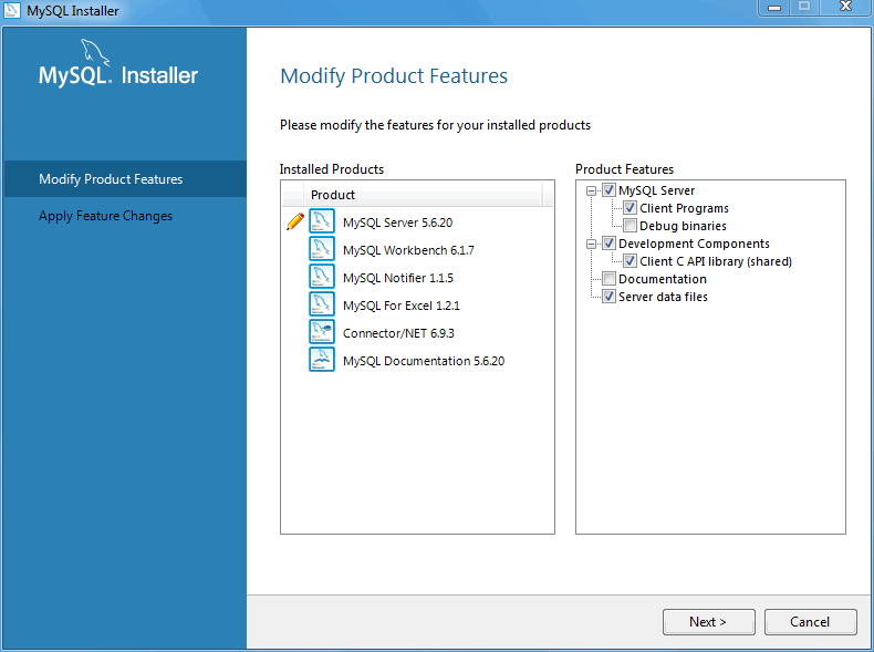 MySQL Installer - Modify Product Features